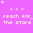 Pixelated text 'reach for the stars' repeated across a pink background with scattered white and light purple stars.
