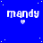 Blue background with white pixelated text 'mandy' repeated in a , each followed by a small heart symbol and surrounded by scattered white dots