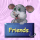 Pixelated gray mouse with brown ears and green eyes holds a blue sign reading 'Friends' against a light purple background.