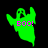 Green ghost-shaped figure with raised arms and 'BOO!' text, displayed in three variations against black background.