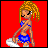 Pixel art of a blonde woman in blue bikini-style clothing holding a white object against a red background, with variations in pose and text overlays.