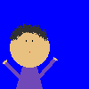 A cartoon character with brown skin and black hair in a purple shirt performs a sequence of actions against a solid blue background.
