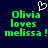 Green pixelated text on dark blue background reads "Olivia loves melissa !" with a white heart symbol above the left side of the text.