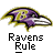 Pixelated icon features a purple and yellow bird head with white beak, alongside text reading 'Ravens Rule' and 'Instant Icons .com'.