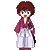 Pixel art contact sheet showing multiple views of a character in traditional Japanese attire with red hair and pink top, holding a sword-like object across different poses.