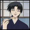 Anime character in dark blue kimono holding chopsticks with food, closed eyes and changing mouth expressions across six