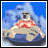 Animated pixel art of a bear in red plaid shirt floating on blue tube, arms raised and lowered across frames against blue sky background.