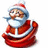 Santa Claus figure in red suit with white trim, blue hat, and white beard; green pixelated text on right side.