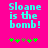 Cyan pixelated text 'Sloane is the bomb!' on bright pink background with green and brown star-like symbols below.