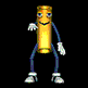 Animated golden cylindrical character with blue limbs and white gloves performing multiple poses against black background.