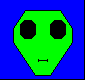 Animated sequence of green alien head icons with black eyes and mouth, purple hexagonal shapes with black dots, blue diamond-shaped heads with three black circles, pink octagonal forms with two black circles, all on solid color backgrounds.