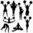 Black-and-white pixelated figures in various poses including raised arms, bent knees, and seated positions arranged in a