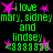 Green pixelated text reads 'i love mary, sidney and lindsey' with pink star symbols on black background. Animated sequence shows repeated text blocks with alternating star positions.