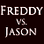 Pixelated image with white text "FREDDY VS JASON" on dark background and red blood splatter graphic.
