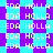 Pixelated text 'EDA HOLLA' repeated across a of cyan and purple diamond-shaped with no visible animation changes
