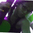 Pixelated static image of a dark figure with purple and green accents, featuring white light streaks against a dark background.