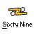 Pixelated yellow and black vehicle with two white circular headlights on a gray background, below which is text reading "Sixty Nine" in black and white pixelated font.