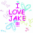 Pixelated graphic with bold pink text "I LOVE JAKE!!!" centered over a white background with pastel-colored floral and abstract shapes.