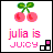 Pixel art cherry icon with green leaves, pink text 'julia is juicy', and a black-and-white checkered pattern with one pink square.