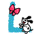 Pixelated cartoon dog with black ears and red eyes stands inside a blue L-shaped frame, pink butterfly near its head.