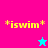 Yellow *iswim* text with asterisks on pink and cyan backgrounds, each with a small star icon below.
