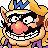 Pixelated cartoon character with large pink nose, wide eyes, and brown hair wearing a yellow hat with blue accents.