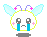 Pixelated character with white face, blue tears, pink cheeks, light blue wings, and purple antennae with pink stars, shown in four variations with wing and antennae positions changing.