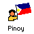 Pixelated icon shows a figure holding the Philippine flag with yellow shirt, black hair, and orange face; text below reads 'Pinoy' in blocky font.
