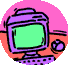 circular icons featuring a cartoon computer with changing screen colors and actions, set against pink backgrounds