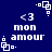 Blue background with white pixelated text and symbols arranged in a pattern, featuring repeated <3 mon amour phrases and square-dot corner elements