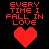 Animated contact sheet of a pixel art heart breaking sequence with red text "EVERY TIME I FALL IN LOVE" on black background, showing 25 sampled frames from left-to-right and top-to-bottom progression.