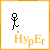 A pixelated stick figure in motion poses above stylized text on a white background with orange borders.