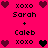 Pixel art icon with pink background displaying 'xoxo Sarah + Caleb' text and heart symbols in dark red, black, and purple hues.