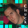 repeated pixelated images showing a person in a green shirt with a red background, each with vertical text reading "CHUCK" on the right side