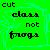 Static pixel art icon with green background displaying four lines of black text reading 'cut', 'class', 'not', and 'frogs' in a blocky font, with purple accents on some letters.