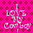 A pink background with brown circular patterns displays the text "I LOVE MY Cowboy" in white and pink lettering, with visible pixelation and animation changes across frames.