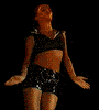 A woman in a black crop top and shorts performs sequential arm movements against a dark background.