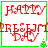 Red pixelated text "HAPPY" and "FRESH" with a small green tree icon in the bottom-right corner of a white background with green borders.