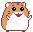 Pixel art hamster with brown and white fur, black eyes, pink mouth, small ears, standing in various poses on gray background.