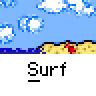 Animated contact sheet showing a penguin surfing sequence across multiple frames with consistent beach and sky background, each frame labeled "Surf" below the animation.
