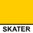 Animated contact sheet of a stick figure skater performing various poses on a yellow background with repeated "SKATER" text labels below each frame.