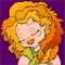 Pixelated cartoon character with orange curly hair, green top, and red lips shown in two with eye expression changes