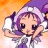 Pixelated anime-style character with purple hair and hat, resting head on hand against orange gradient background, next to black with white text
