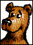 Three pixelated cartoon dog head portraits in vertical and horizontal arrangement with varying expressions.