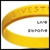 Yellow wristband with 'LIVESTRONG' embossed text, two versions of pixelated 'Live strong' text below it.