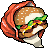 Pixelated burger with sesame seeds, lettuce, tomato, cheese, and sauce held by a red-tinted hand against gray background.
