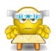 Yellow emoji face with blue text on forehead, seated at table, making hand gestures and opening mouth in sequence.