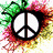 A pixelated peace symbol surrounded by a rainbow gradient with green leaves on top, set against a white background.