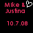 Pixelated red text on black background reads "Mike & Justina" with a white heart symbol above the ampersand, and "10.7.08" below.