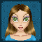 Pixelated character with brown hair and green eyes, wearing a blue top against a dark blue patterned background.